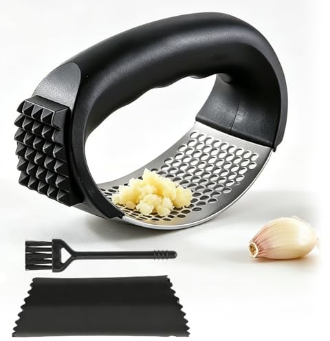 Knoblauchpresse Wippe, Garlic Press mit Schäler und Bürste, Edelstahl