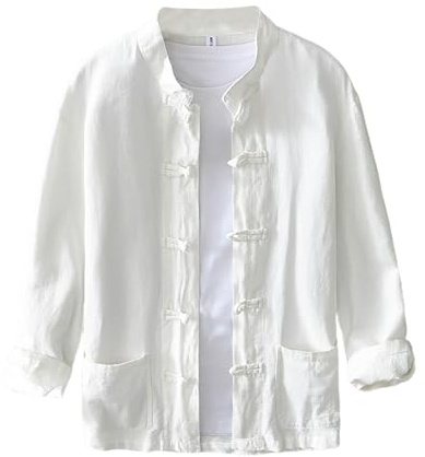 Camisa de algodón y lino para hombre, estilo chino tradicional, chaqueta de manga larga, adecuada para tai chi y ocasiones culturales, X5-blanco, XXL