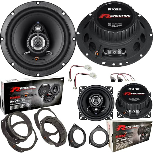 EvoTuning Kit 4 Casse Altoparlanti Anteriori e Posteriori per Fiat Bravo dal 2007, Set 4 Coassiali 2 Vie, compatibile con Renegade RX62 da 165mm e da RX42 da 10cm + 4 Anelli e Cavi Adattatori