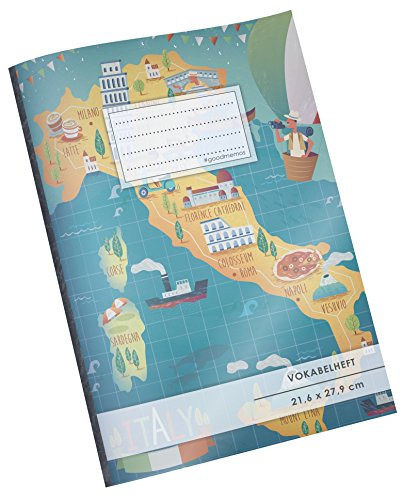 VOKABELHEFT DIN A4 • 50+ Seiten, Soft Cover, Register, 2 Spalten, Erfolgs-Tacker, Italian Map • Original #GoodMemos Schulheft • Sprachen und Vokabeln leicht lernen, Lineatur 53