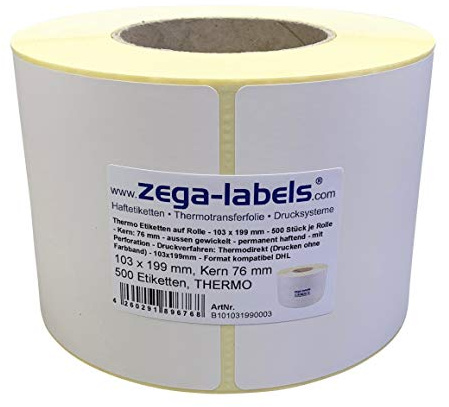 Thermo Etiketten auf Rolle - 103 x 199 mm - 500 Stück je Rolle - Kern: 76 mm - für Versandetiketten DHL - permanent haftend - mit Perforation - Druckverfahren: Thermodirekt (Drucken ohne Farbband)
