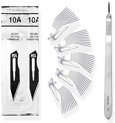 Set - 50 Stück Skalpellklingen Figur 10A aus Karbonstahl - Ersatzklingen einzeln steril verpackt + 1 x May - Skalpell-Halter mit 20 cm langem und gebogenen Griff - Edelstahl