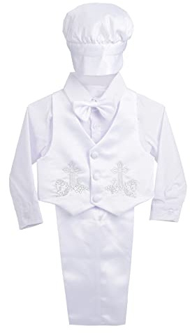 Lito Angels Spädbarn Baby Pojkar Satin Dop Kläder Formell Vit Kostym med Hätta Väst 5 Stycken Set Ålder 9-12 månader, A - Lång ärm