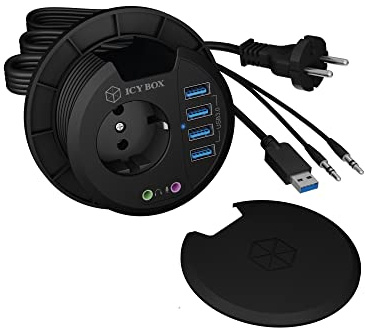 Hub 4-Port IcyBox USB 3.0 IB-Hub1430 Tisch-Hub extern retail | 4x USB 3.2 Gen 1 Type-A AnschlüsseIntegrierter Audio Ein-/Ausgang230 V Steckdose zusätzlich am Hub integriert