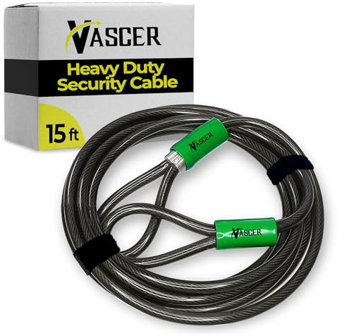 Vascer Heavy Duty Security Cable with Loops - 15 Feet (3/8) Bike Cable Lock Cut Resistant with Braided Steel and Vinyl Coating -Security Chain Lock for Bicycle, Boat, Ladder, Gate, Mower & Equipment