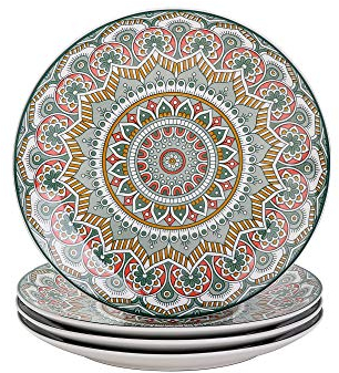 vancasso Mandala Patterned 4-Piece Dinner Plate, Turquoise Ceramic Bohemian Style Porcelain Tableware, 10.5 inch Dinner/Salad/Fruit/Snack Plate(26.3 * 26.3 * 3cm)