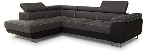 Ecksofa Caris mit Schlaffunktion und einstellbare Kopfstützen, Wohnlandschaft mit Bettkasten, Couch, Sofa, Bettsofa (Schwarz + Dunkelgrau (Soft 011 + Sawana 05), Ecksofa Links)