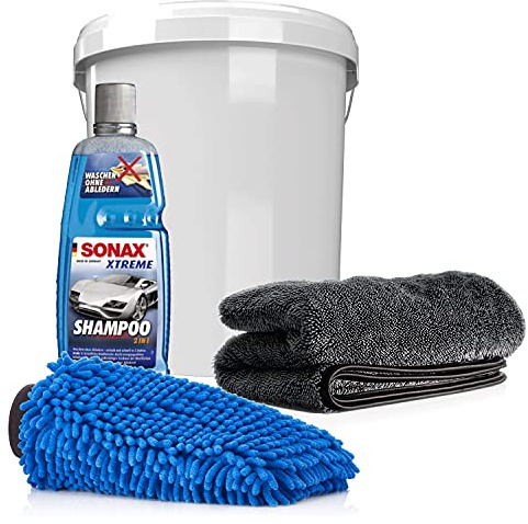 detailmate Auto & Motorrad Wasch Set: SONAX 2in1 Shampoo 1L + Wascheimer mit passendem Deckel + Mikrofaser Chenille Waschhandschuh + saugstarkes Trockentuch, 50x80cm, 1000GSM