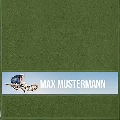 Manutextur Handtuch mit Namen - personalisiert - Motiv Radsport - viele Farben & Motive - Dusch-Handtuch - dunkelgrün - Größe 50x100 cm - persönliches Geschenk mit Wunsch-Motiv und Wunsch-Name