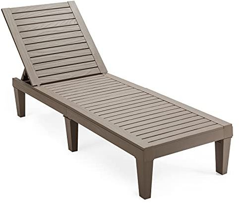 COSTWAY Sonnenliege Kunststoff wetterfest, Gartenliege mit Verstellbarer Rückenlehne, Balkonliege, Terrassenliege Holzoptik, Liegestuhl bis 180 kg belastbar für Garten, Terrasse (Taupe)