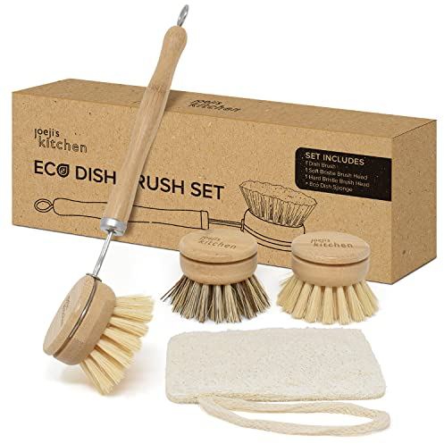 Joeji's Kitchen Juego de cepillos ecológicos de Madera de bambú, Estropajo económico ecológico con Cabezales Intercambiables, Cepillo de Limpieza para Tazas, Platos o Cubiertos