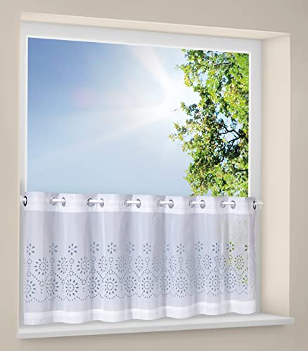 Happy Home Scheibengardine Lilly 150x50 cm – Kurzgardine mit Lochstickerei & Ösen – Weiß – Voile mit floraler Bogenkante – Blickschutz für Küche, Bad oder Wohnzimmer