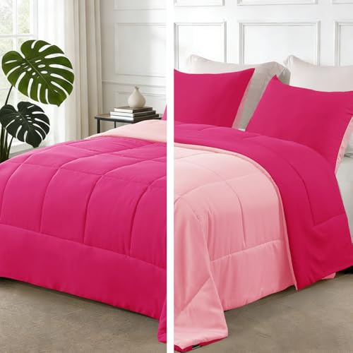 Exclusivo Mezcla Lightweight Reversible Twin Size Comforter Set, Down Alternative Comforter with 1 Pillow Sham, Twin Size Bedding Set for All Seasons, Hot Pink/Bright Pink