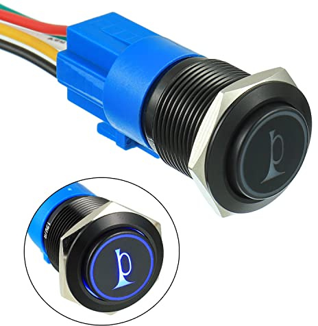 EPLZON 16MM 12V Pulsante momentaneo clacson per auto LED rosso acceso momentaneo altoparlante in metallo interruttore a levetta clacson con presa di corrente (Blu)