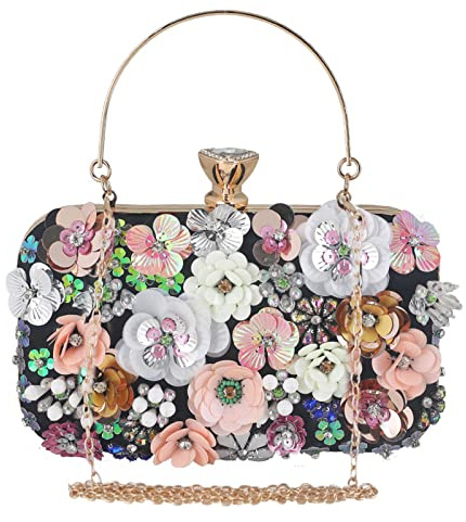 CORIOS Clutch väska för kvinnor, blommor, kvällsväska, bröllopsväska, elegant kedja, glänsande strass, handväska, axelväska, axelväska för bröllop, bal, bankettfest, svart, L, Elegant