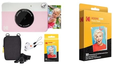 KODAK: Paquete básico de cámara instantánea Printomatic (Rosado) + Papel Zink (20 Hojas) + Funda cómoda & Papel Fotográfico Zink Premium de 2X3 Pulgadas (20 Hojas) Compatible