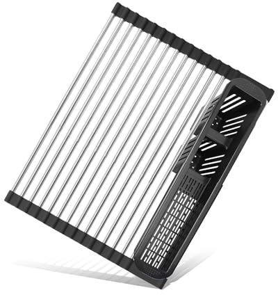 CLNGAI Roll Up Dish Drying Rack,Expandable Over The Sink Dish Drainer,Stainless Steel Kitchen Rolling Sink Rack with Utensil Holder,Length Up to 22.3 (Black)