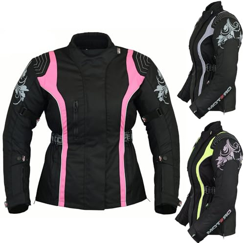 MOTERO Ladies Motorcycle Waterproof Jackets Women Motorbike Coat Protective Linning Removable Armours HI VIS (Grey - XL)