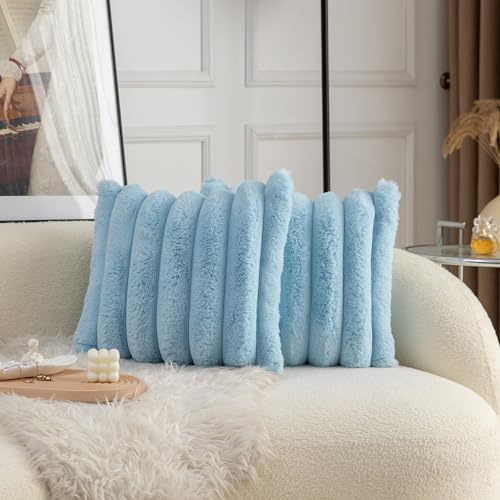Neelvin 2er Set Plüsch Kissenhülle Kunstpelz Gemütliche Weiche Gestreifte Dekorative Kissenbezug Kissenbezüge Dekokissen Zierkissenbezug Sofakissen Blau 50x50 cm für Sofa Schlafzimmer