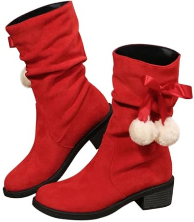Minetom Botte Femme Daim Bottes De Noël Bottines Bloc Talon Automne Hiver Elegante Confortable Chaussures avec Pompons A Rouge 36 EU