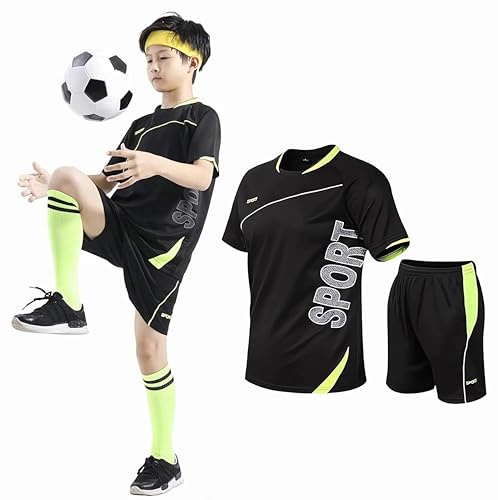 Hikewin Kids Sport Shorts Sets Boys Football Training Suit Shorts and T-shirt Set School PE Tracksuit Mesh Sport Uniform Jersey Kit Black 8-9Years
