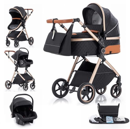 Gcarebb 3 in 1 Kinderwagen, Buggy Mit Auto Babyschale, Mit Höhenverstellbarer Kinderwagen Komplettset, KombiKinderwagen Mit Aluminiumrahmen für Neugeborene 0-3 Jahre