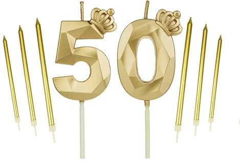 50th Gold Crown Birthday Candles Set, with 6Pcs Long Candles，Birthday Numbers 50 Candles, Happy Birthday Cake Topper for Birthday Party Parties Weddings Company Anniversarie (Gold, 50)