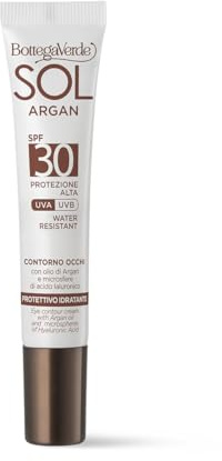 Bottega Verde - SOL Argan, Contorno Occhi SPF30 Protezione Alta 10ml, Crema Protettiva e Idratante, con Olio di Argan e Acido Ialuronico, Azione Antimacchia, Water Resistant, per Tutti i Tipi di Pelle