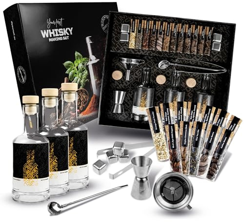 DIBYS Coffret Whisky à Faire Soi-Même, Cadeau Homme, 12 Botaniques Chêne | 28 pièces total, 3 bouteilles verre 250ml, 4 pierres à whisky inox, accessoires bar, 3 recettes cocktails incluses