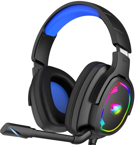 Jimonyer Gaming Headset with Microphone, 7.1 Surround Sound and Noise Canceling Over Ear Headphones for PC/PS4/PS5/Xbox Series/Switch, RGB Light and Soft Imitation Protein Earmuffs (Blue)