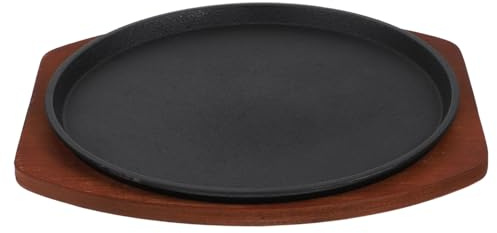 DECHOUS Poêle à Steak en Fer Plaque de Grillade Ronde, Base en Bois pour Cuisson Uniforme et Conductivité Thermique, pour Barbecue Cuisine Maison