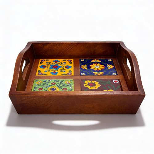 Craft Trade Vassoio da portata in legno di mango con manico e 4 piastrelle in ceramica floreale con angoli piatti in legno, perfetto per colazione, tè, caffè, snack, cena, 23 x 23 x 8 cm