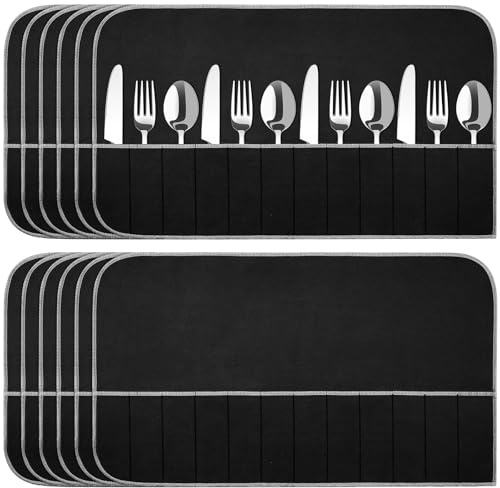 Hillban 12 Pcs Anti Tarnish Silver Storage Bags Silver Storage Cloth Felt Flatware Organizer Anti Tarnish Protector Bags Place Setting Roll with White Ribbon for Kitchen Cutlery (12 Slots,Black)