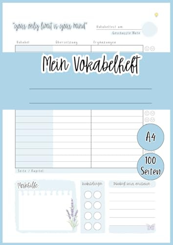 Mein Vokabelheft DIN A4: 100 Seiten liniertes Vokabelheft mit 3 Spalten | inklusive Erfolgstracker und Platz für Notizen | für jede Sprache verwendbar | blau