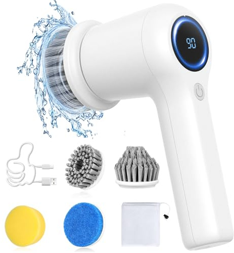 Electric Spin Scrubber, Cordless Mini Electric Cleaning Brush, Power Scrubber with LED Display, 2 Speed Modes, 4 Brush Heads, Perfect for Bathroom/Kitchen/Tiles/Floors/Bathtubs/Furniture, White