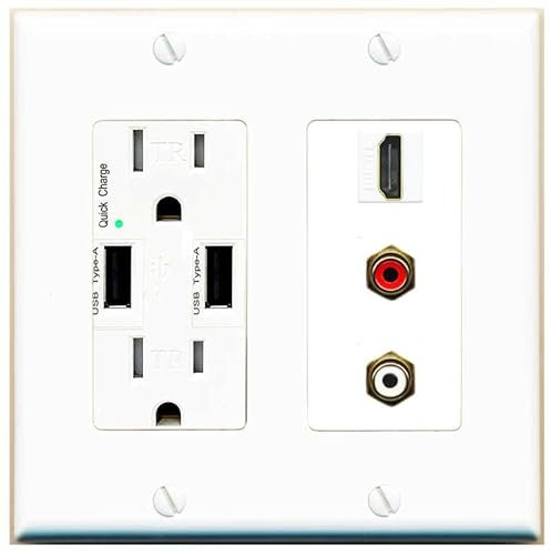 RiteAV Placa de pared HDMI y 2 RCA (rojo/blanco) - Cargador USB [Blanco]