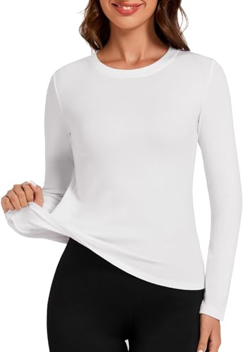 Harlamvar Womens Thermal Round Neck Tops Fleece Lined Soft Underwear Shirt Ladies Warm Undershirt White