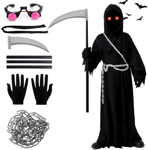 TISMHGKU Déguisement Faucheur Enfant Halloween, Costume Complet Grim Reaper avec Robe Reaper, Capuche, Faucille, Chaînes, Gants et Lunettes Lumineuses, Cosplay Halloween Garçon et Fille 5–14 Ans (XL)