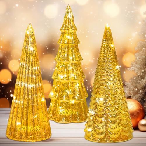 CAUTIOUS 3pcs LED-Weihnachtsbaum Mini aus Glas, Tisch Weihnachtsbaum, Weihnachtsbaum Mit Beleuchtung, Kleiner Tannenbaum, Weihnachtsdekor