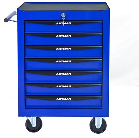 Generisch Cassetta degli attrezzi a 7 cassetti con cuscinetti a sfera e 4 ruote – Robusto armadietto portatile con serratura a chiave in nero e blu per un'organizzazione ottimale