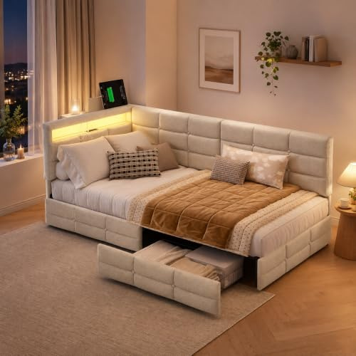 CXHLXYR Polsterbett Einzelbett 90x200 cm, Bett mit LED mit 2 Schubladen Jugendbett 90x200cm Polsterbett 90x200 mit Bettkasten Einzelbett mit Stauraum LED und USB,Leinen ohne Matratze(Beige-6, 90x200)