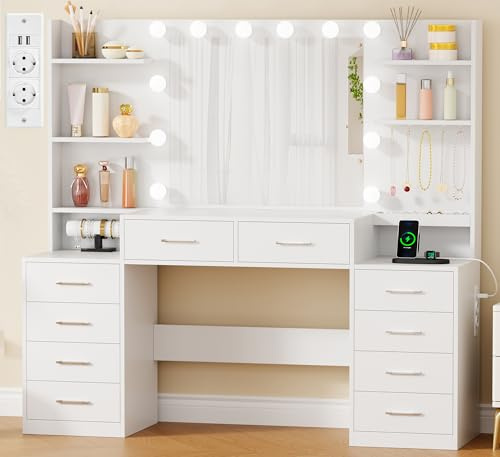 BEWISHOME Toletta da Trucco con Specchio Contenitore per Gioielli e Prese | Toletta da Trucco con Luci LED, Luminosità Regolabile, Toeletta con 10 Cassetti, 5 Aperti, 5 Ganci, Moderno Bianco EFST52M