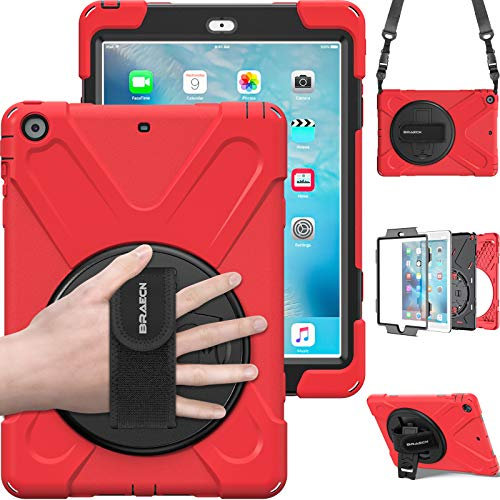 BRAECN Case for iPad Air 1st Generation 2013 9.7 inch Heavy Duty Full-body Rugged Case with 360 Degree Swivel Stand/Hand Strap and Portable Shoulder Strap for iPad Air Model:A1474 A1475 A1476-Red