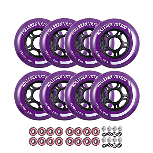 Rollerex VXT500 Inline Skate Wheels – 8-Pack with Bearings, Spacers and Washers - Durable Replacement Roller Blade Wheels for Indoor & Outdoor Skating (72mm, Royal Purple)