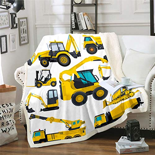 Homewish Couverture en peluche pour enfants - Tracteur de camion - Couverture Sherpa - 130 × 150 cm - Pour enfants, garçons, construction, véhicule - Polaire - Flanelle - Équipement de voiture grue