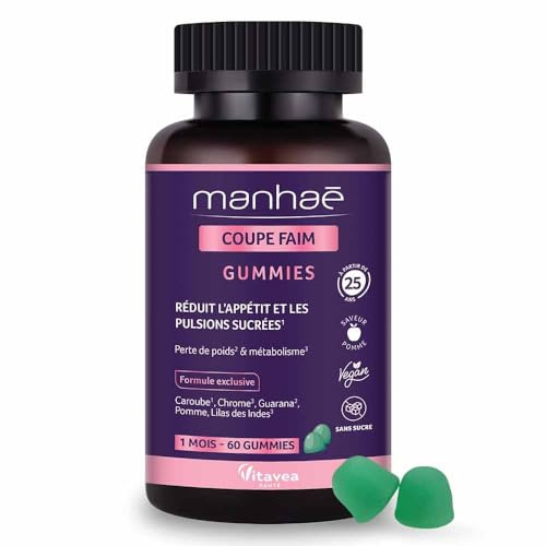 Vitavea - Manhaé - Gummies Coupe Faim sans Sucres - Complément Alimentaire Minceur - Coupe Faim, Satiété, Perte de Poids et Métabolisme - Guarana, Chrome, Caroube - 60 Gummies - 1 Mois