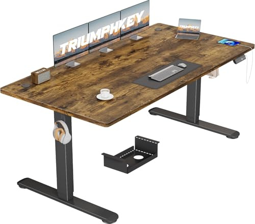 TRIUMPHKEY Höhenverstellbarer Schreibtisch 160x80, 18mm Tischplatte & USB-A | Schreibtisch Höhenverstellbar mit 3 Memory-Steuerung,Sitz‑Erinnerung & Kabelmanagement, Computertisch,Standing Desk, Braun