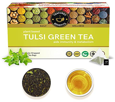 TEACURRY Tulsi Green Tea (30 Tea Bags, 1 Month Pack) - Helps With Strength, Immunity & Digestion - Holy Basil Tea - All Natural Caffeine Free | Indian Herbal Tea