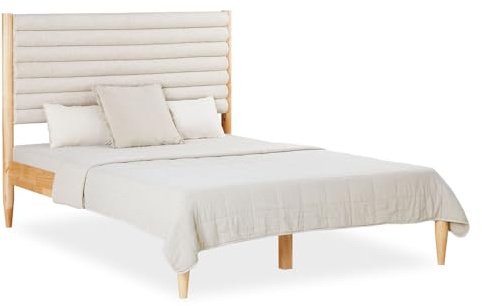 Homestyle4u Holzbett 140x200 Bouclé - Polsterbett mit Lattenrost | Doppelbett mit gepolstertem Kopfteil in Beige/Creme, Bettgestell aus Massivholz, inkl. Rolllattenrost
