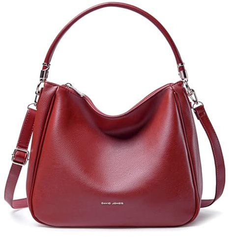 David Jones - Damen Schultertasche Hobo - Mittelgroße Umhängetasche Weich PU Leder Frau - Shopper Handtasche Lange Henkel - Klassische Tasche Alltag Beuteltasche - Einfache Henkeltasche - Weinrot
